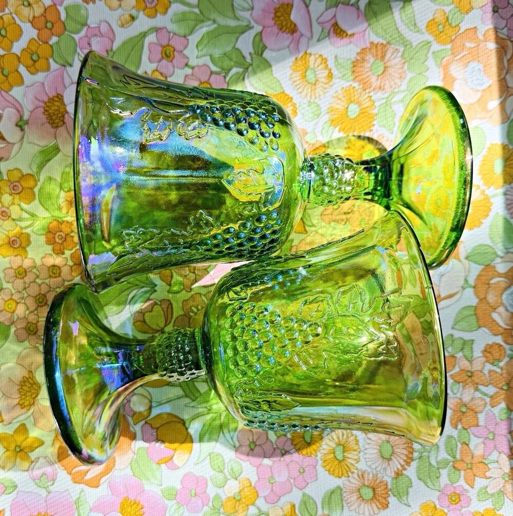 Vintage Indiana Glass Harvest Grape Lime Green Carnival Goblets 1970s Set of 2